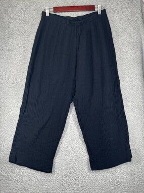 Bryn Walker Black Cotton Ribbed Cropped Lightweight Pants Lagenlook sz Large